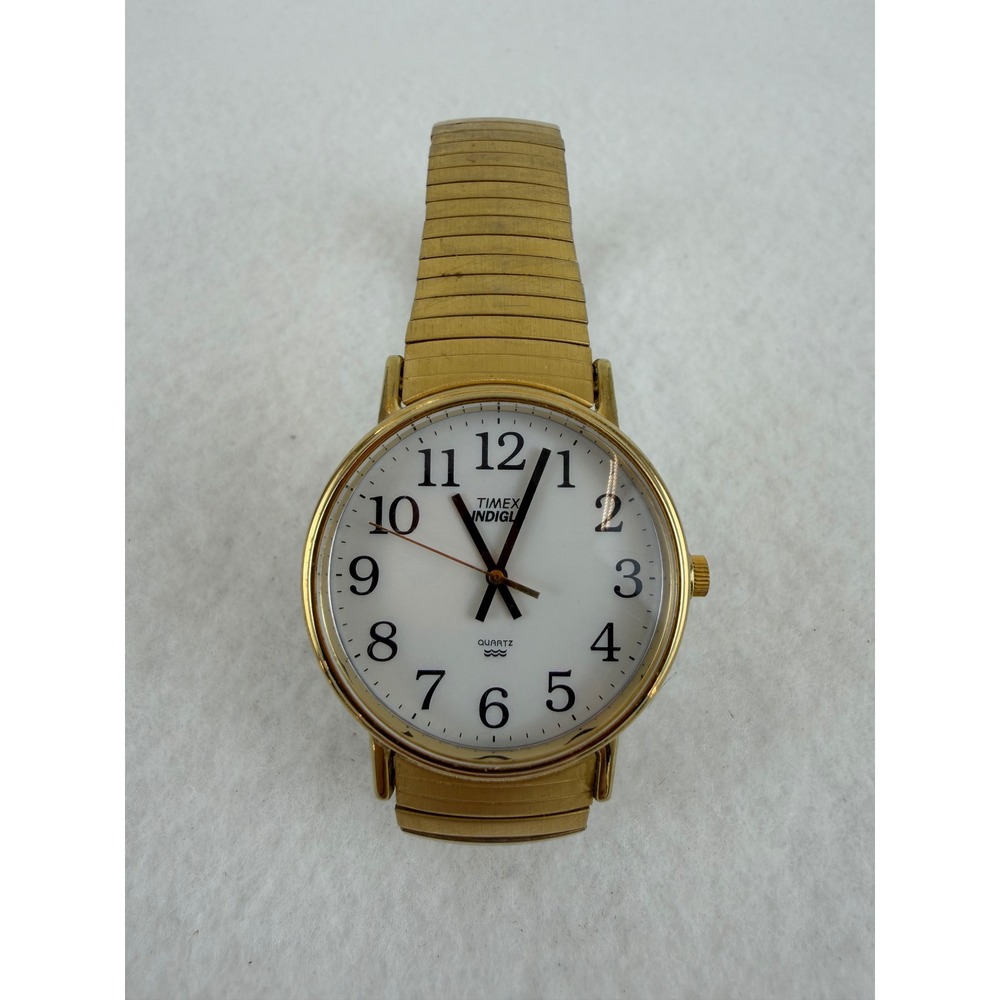 Timex Indiglo Quartz Gold Tone Expansion Band Watch White Dial 36.5mm Case